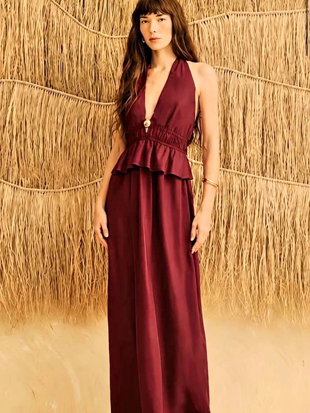 CaCay Vestido Longo Detalhe Passador Dourado Maxi Dress Burgundy Size Large NWT